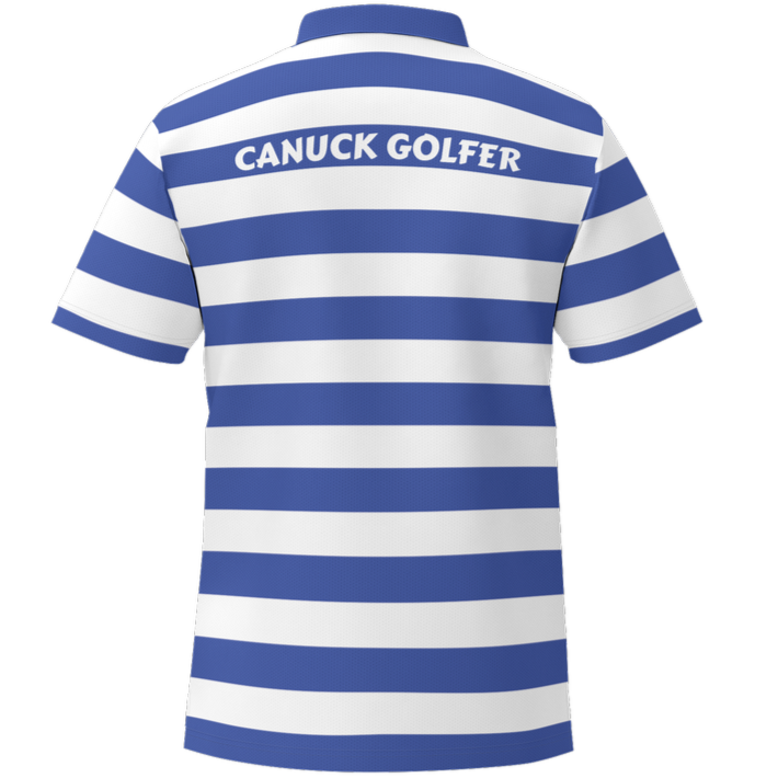 Blue and white striped polo shirt with 'Canuck Golfer' text on a white background