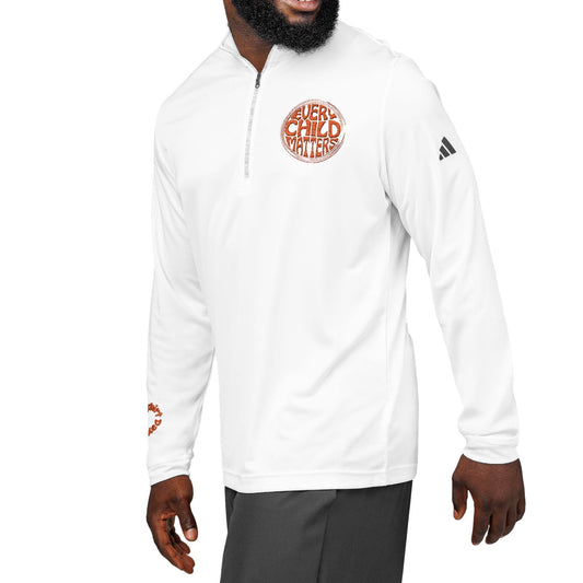 Man wearing a white jacket with orange and black text on a white background