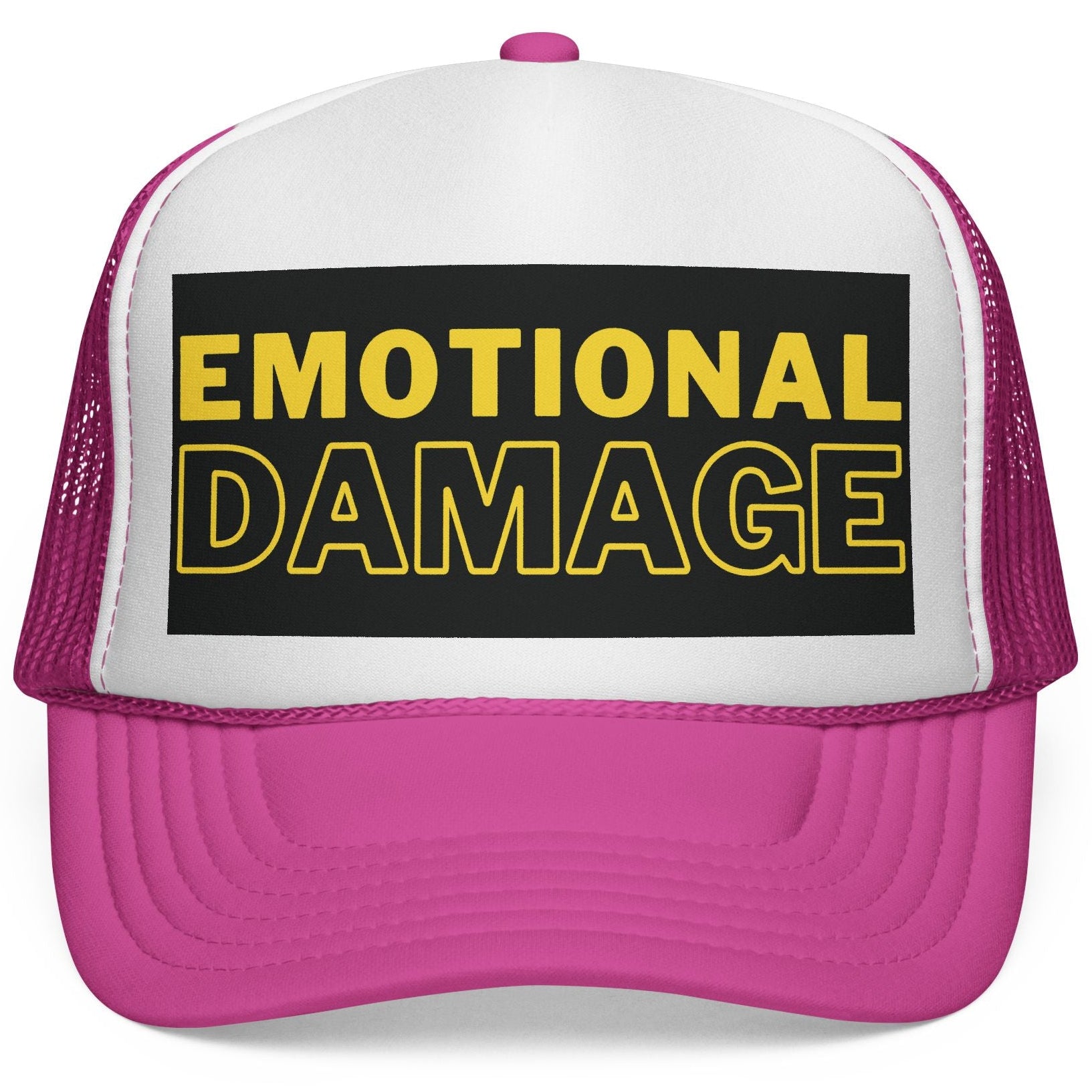 Pink and white trucker hat with 'EMOTIONAL DAMAGE' text on a black background