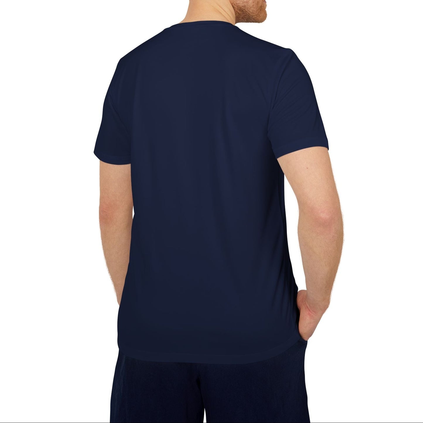 Man wearing a navy blue t-shirt on a white background