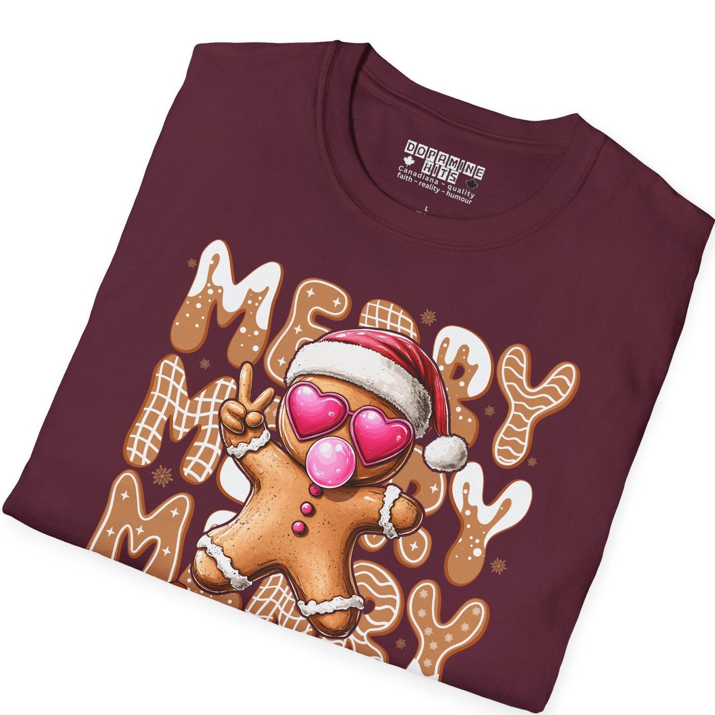 Maroon t-shirt with a gingerbread man design on a white background