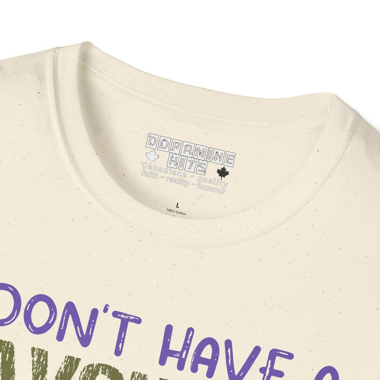 Close-up of a beige t-shirt with text and a brand logo on a white background