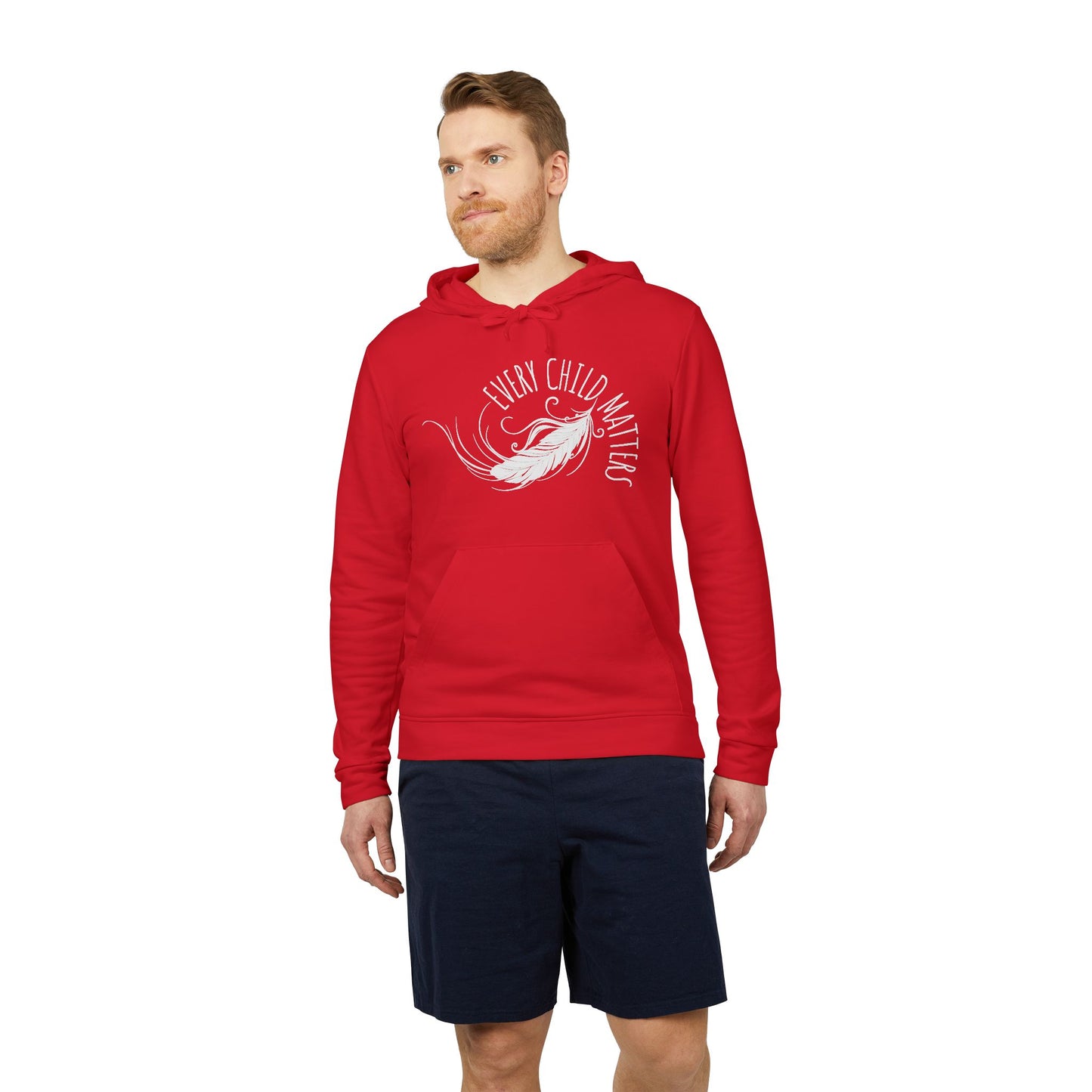 Man wearing a red hoodie with a graphic design on a white background