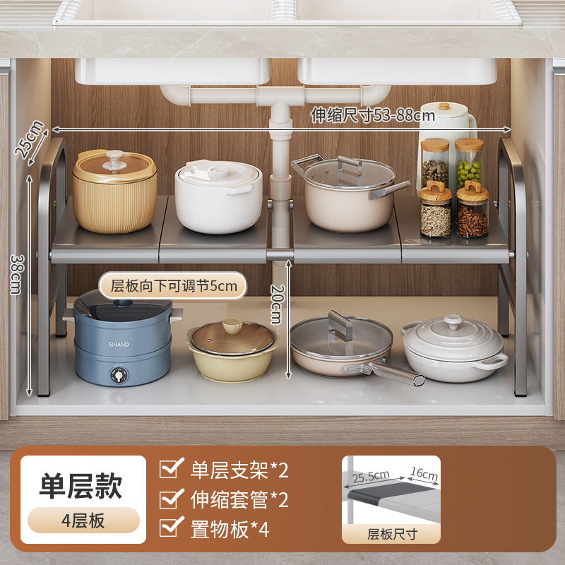 Cabinets with adjustable shelves containing kitchenware and storage solutions.