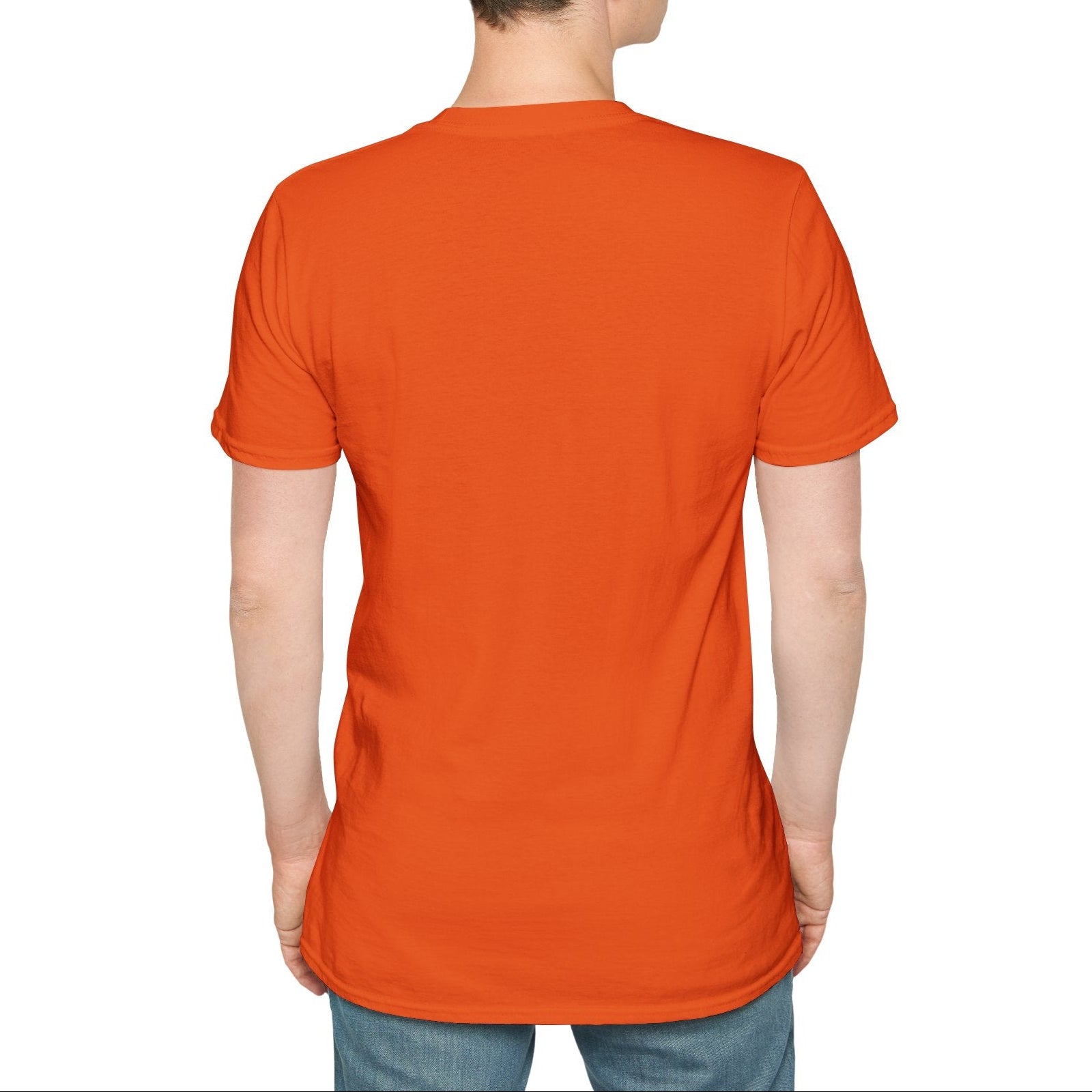 Person wearing an orange t-shirt on a white background