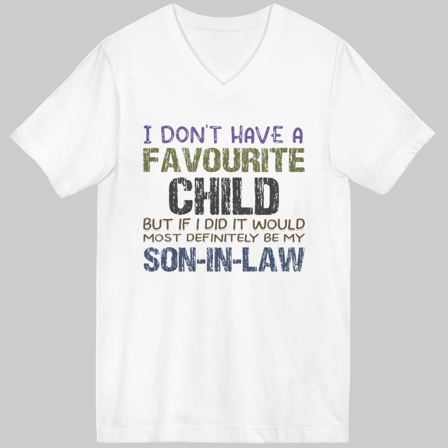 White t-shirt with colorful text on a white background