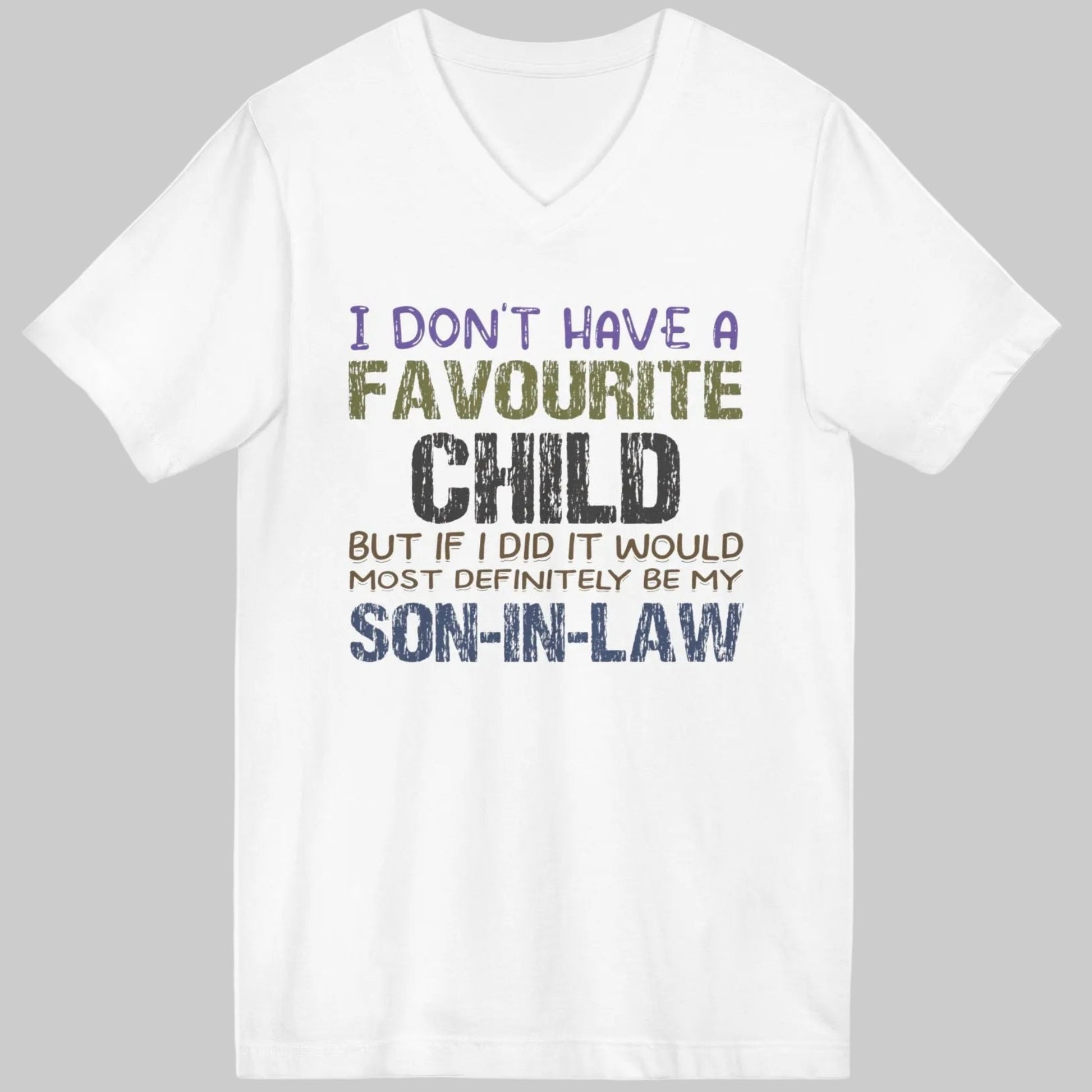 White t-shirt with colorful text on a white background