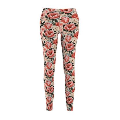 Peach Peonies - Women's Cut & Sew Casual Leggings