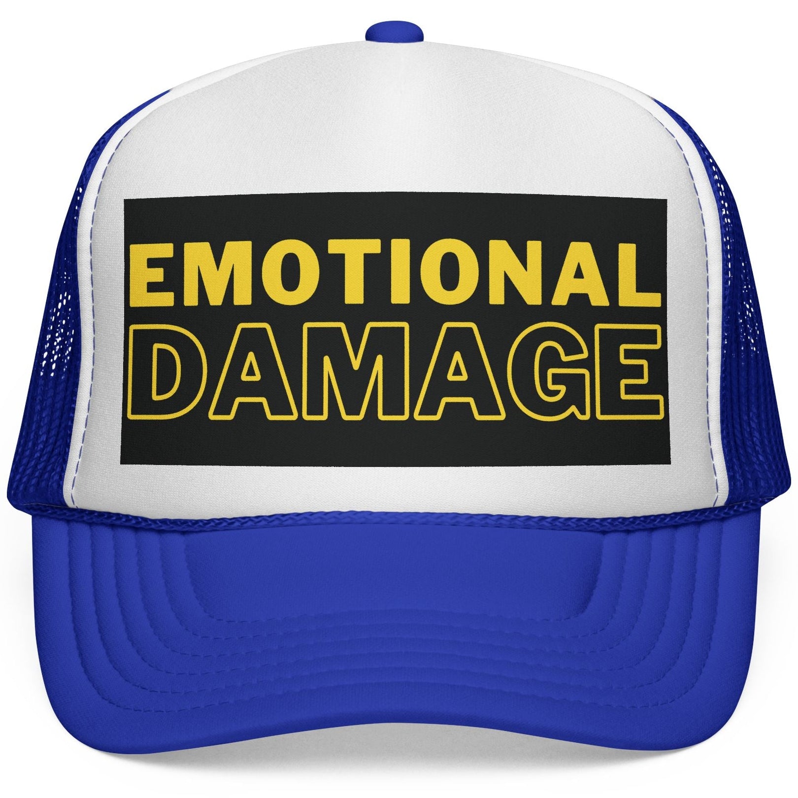 Blue and white cap with 'EMOTIONAL DAMAGE' text on a white background