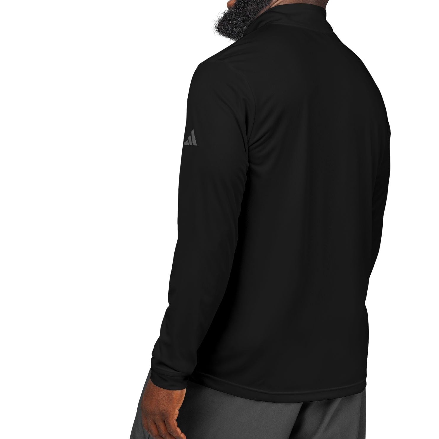 Man wearing a black Adidas long-sleeve shirt on a white background