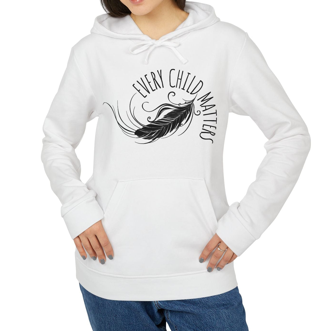 Woman wearing a white hoodie with a design and text on a white background