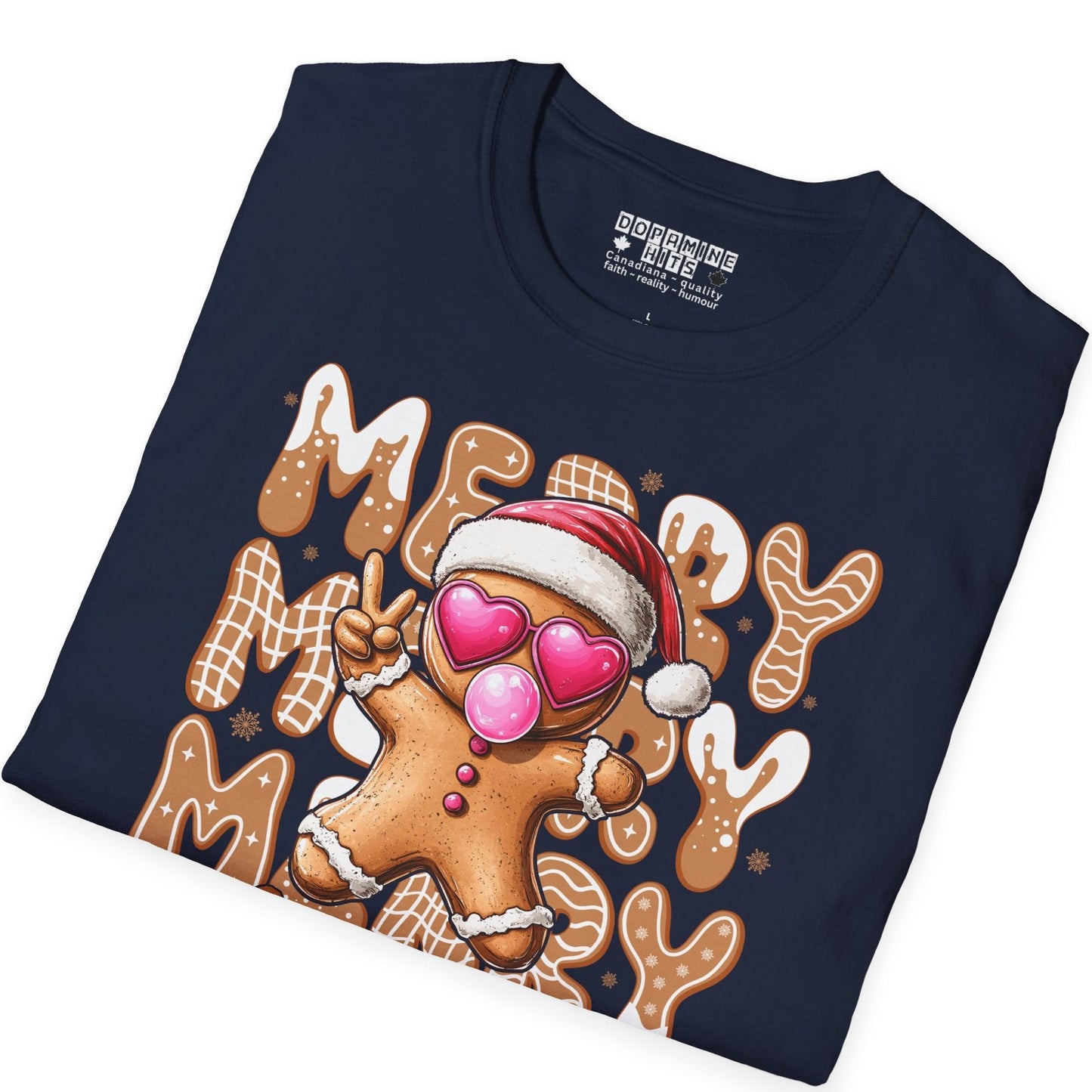 Folded navy blue t-shirt with gingerbread man design and 'Me Myself & I' text on a white background