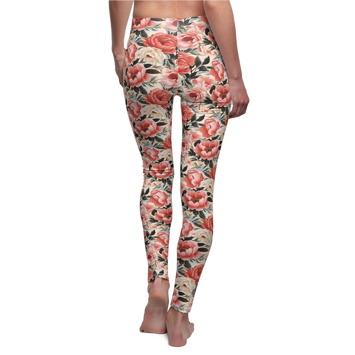 Peach Peonies - Women's Cut & Sew Casual Leggings