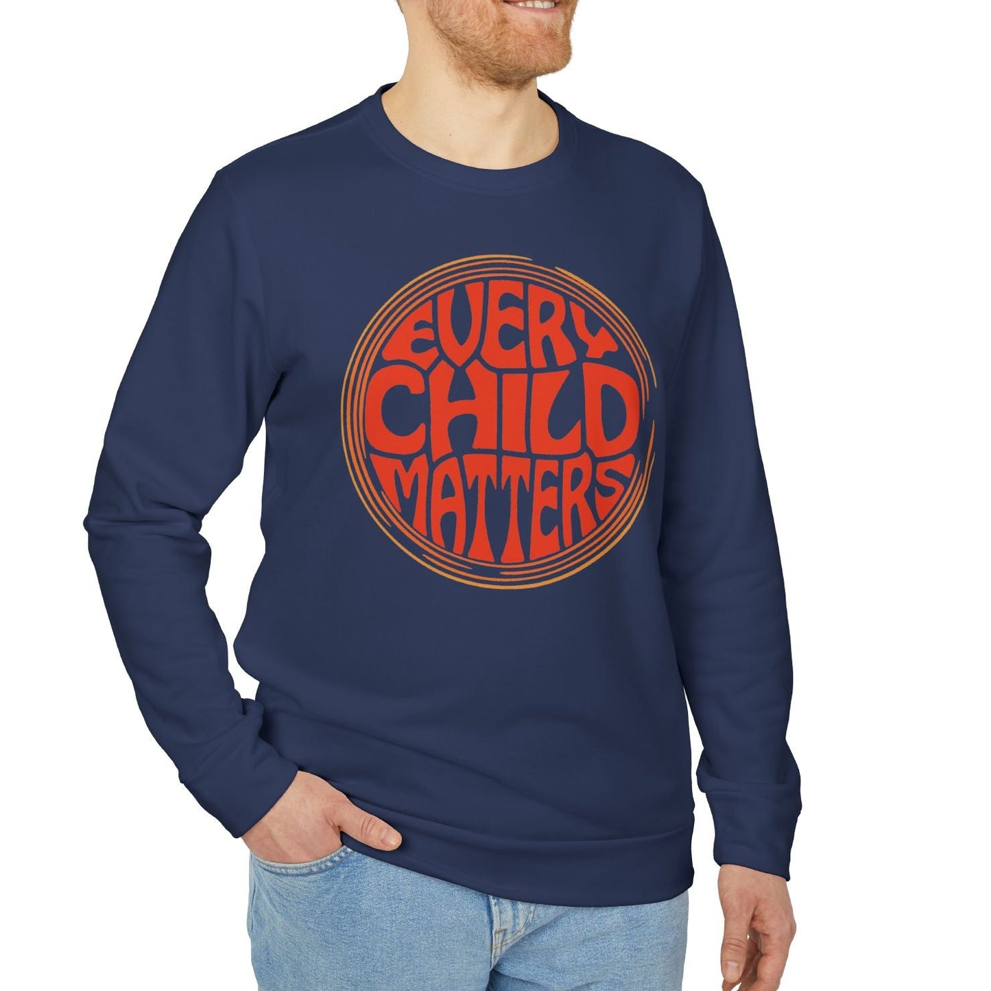 Man wearing a navy blue long-sleeve shirt with 'EVERY CHILD MATTERS' text on a white background