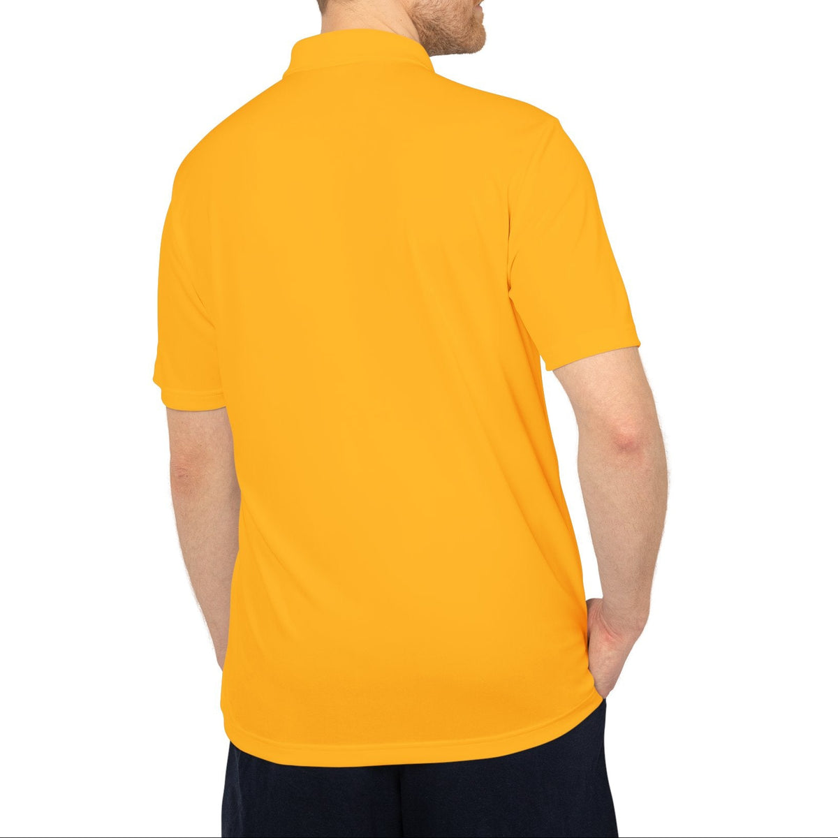 Back at a man wearing a yellow polo shirt on a white background