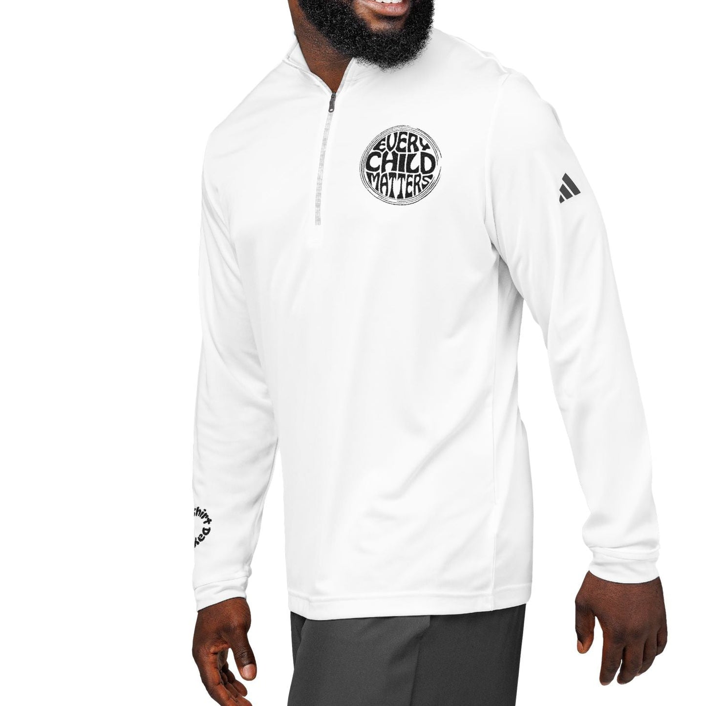 Man wearing a white jacket with a logo on a white background