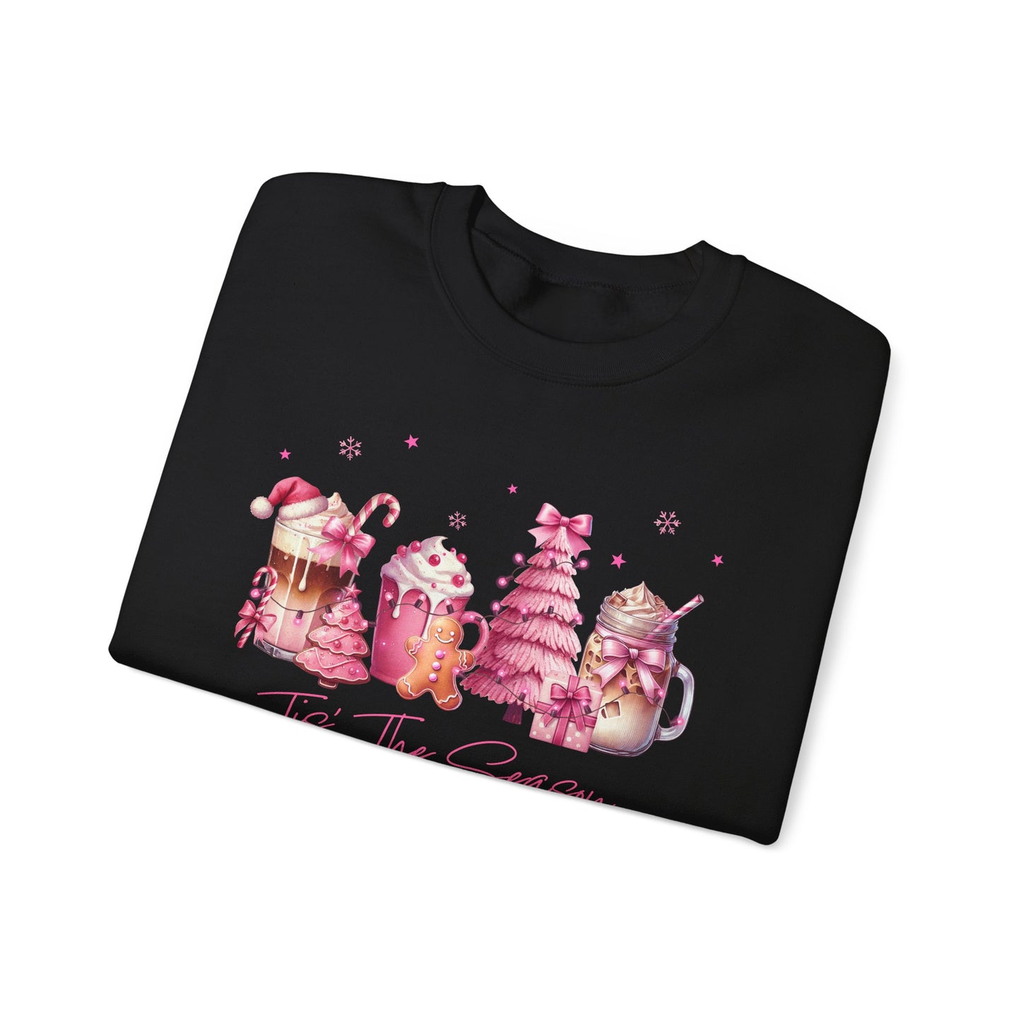 Black sweatshirt with Christmas-themed design of hot drinks and decorations on a white background