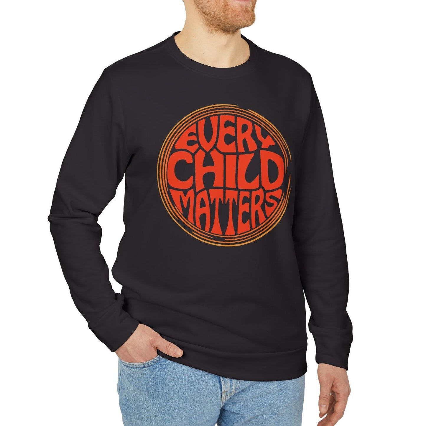 Man wearing a black sweatshirt with 'Every Child Matters' text on a white background