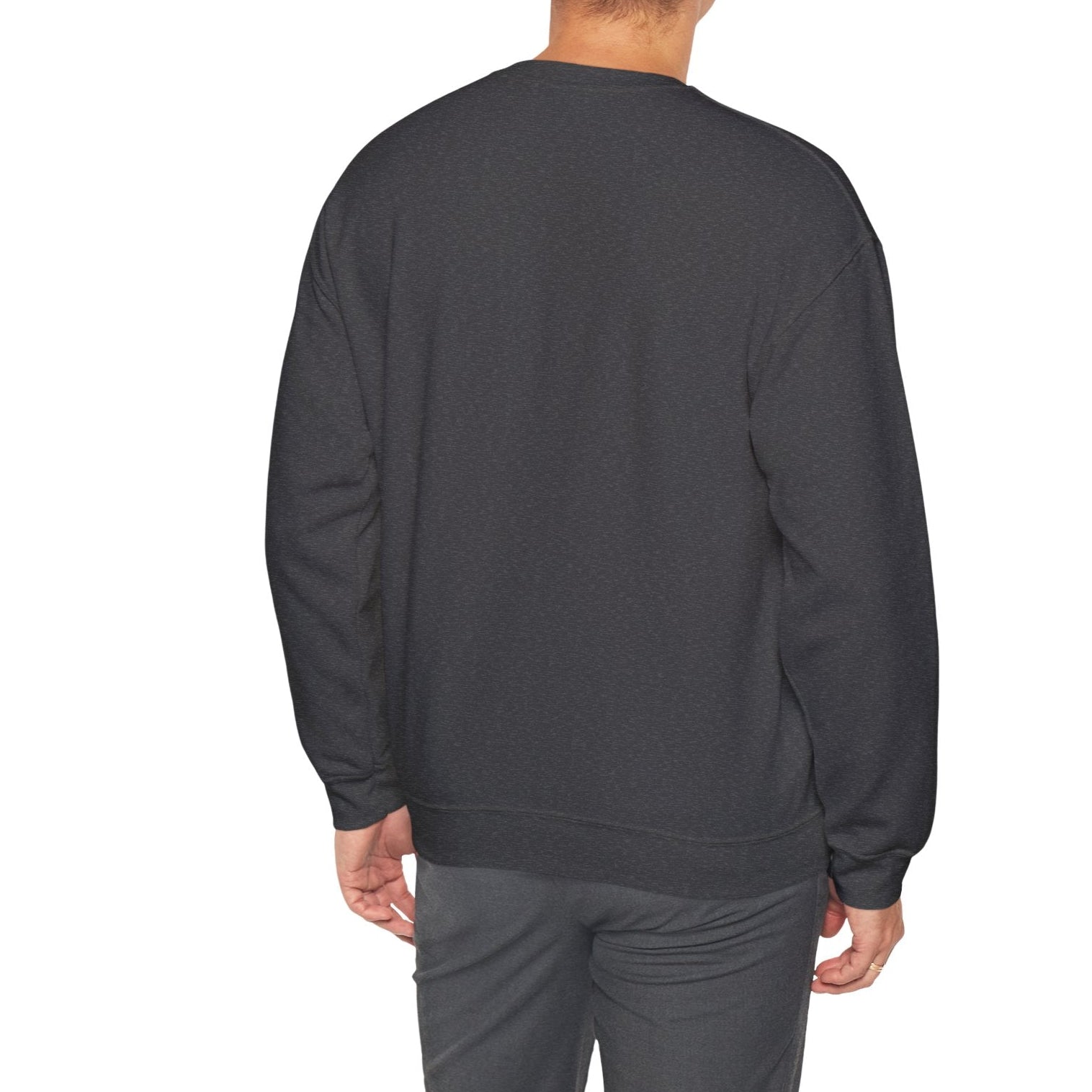 Man wearing a dark gray sweatshirt and pants on a white background