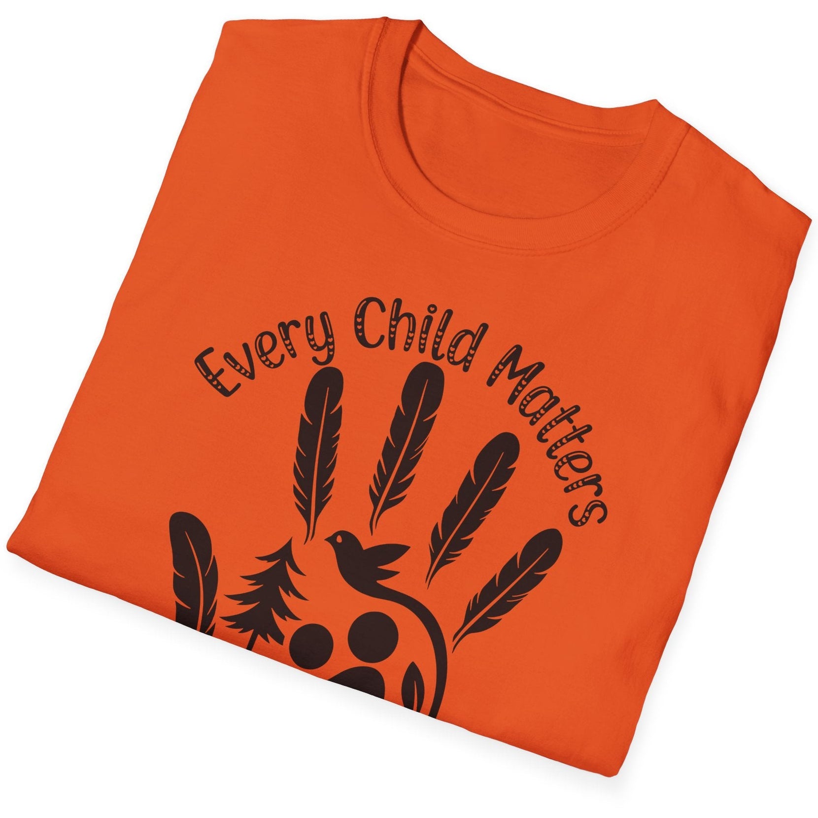 Orange t-shirt with 'Every Child Matters' text and black graphics on a white background