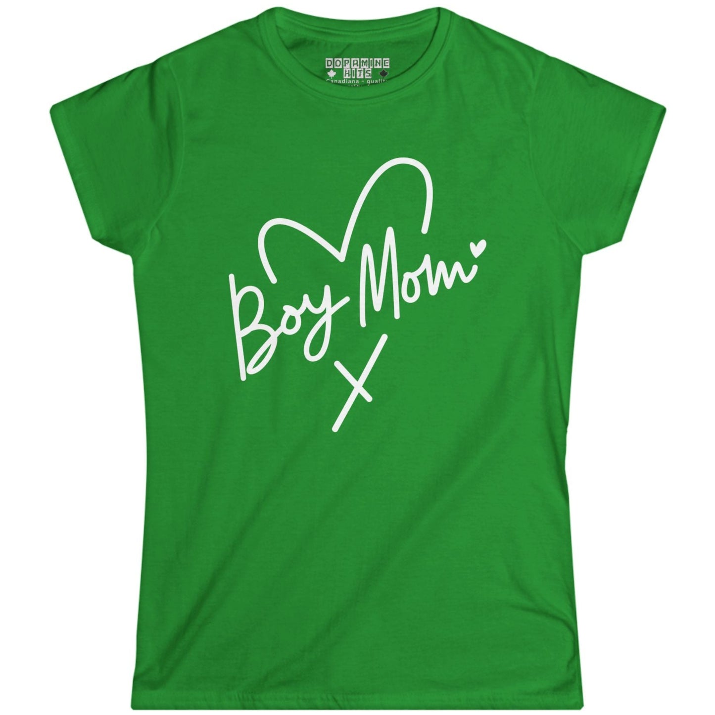 Green t-shirt with 'Boy Mom' text and heart design on a white background