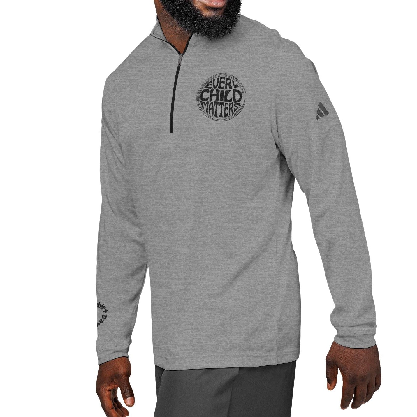 Man wearing a gray long-sleeve shirt with a logo on a white background