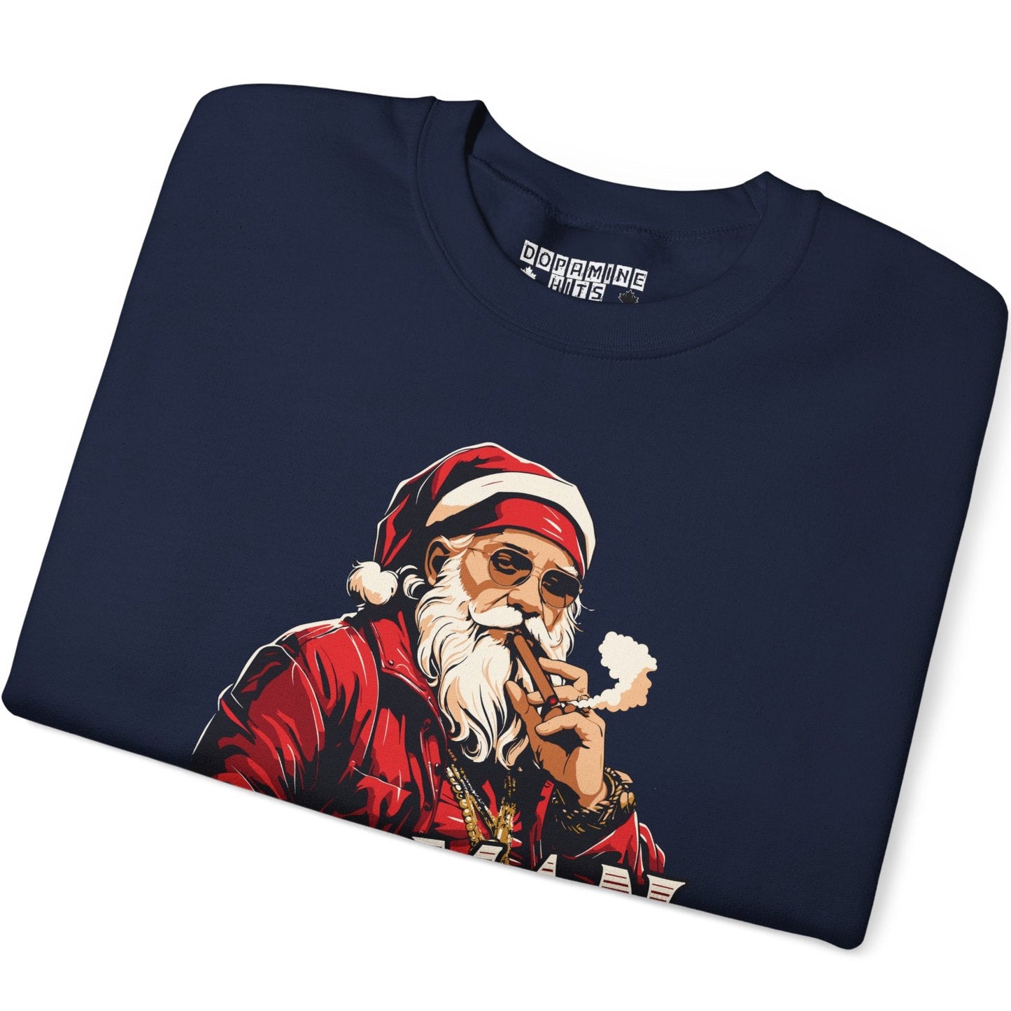 Folded navy blue t-shirt with a graphic of a smoking Santa Claus on a white background