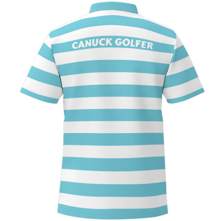 Blue and white striped polo shirt with 'Canuck Golfer' text on a white background