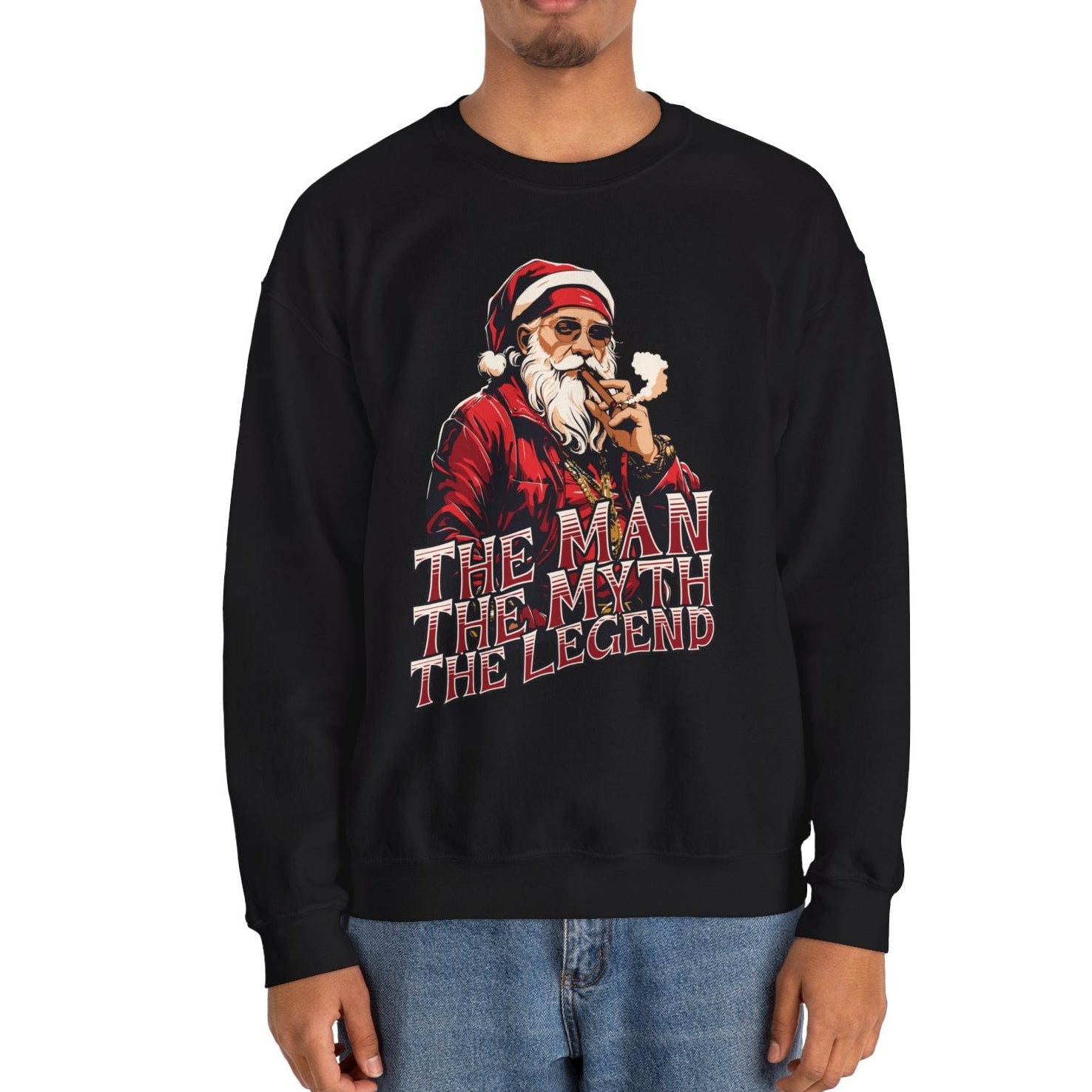 Person wearing a black sweatshirt with a graphic design and text on a white background