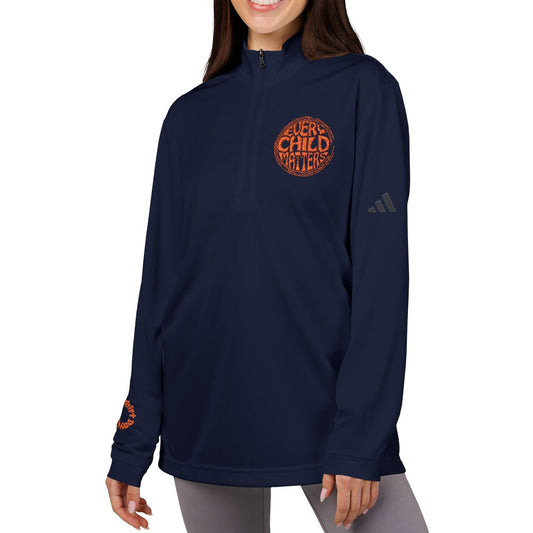Woman wearing a navy blue Adidas sweatshirt with orange text on a white background