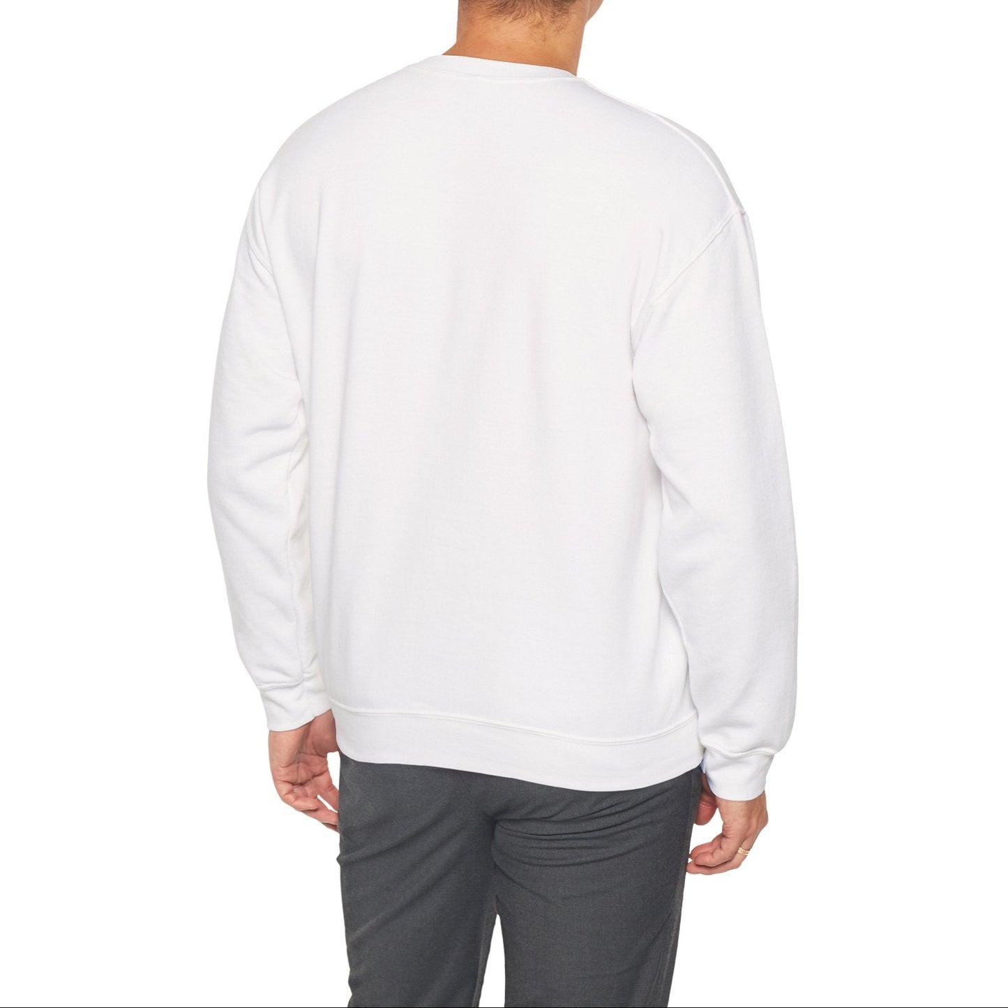 Man wearing a white sweatshirt on a white background