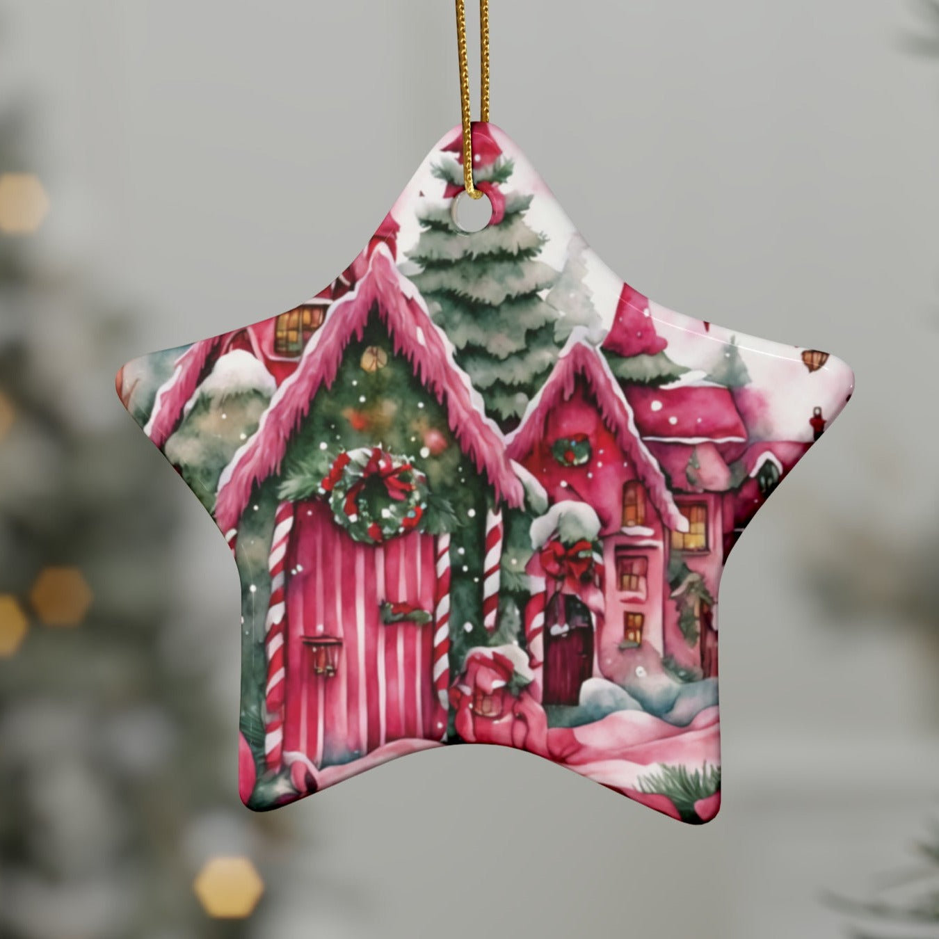 Idyllic Fantasy Christmas Scene | Pink Ceramic Ornaments (1pcs, 5pcs, 10pcs, 20pcs) - 26