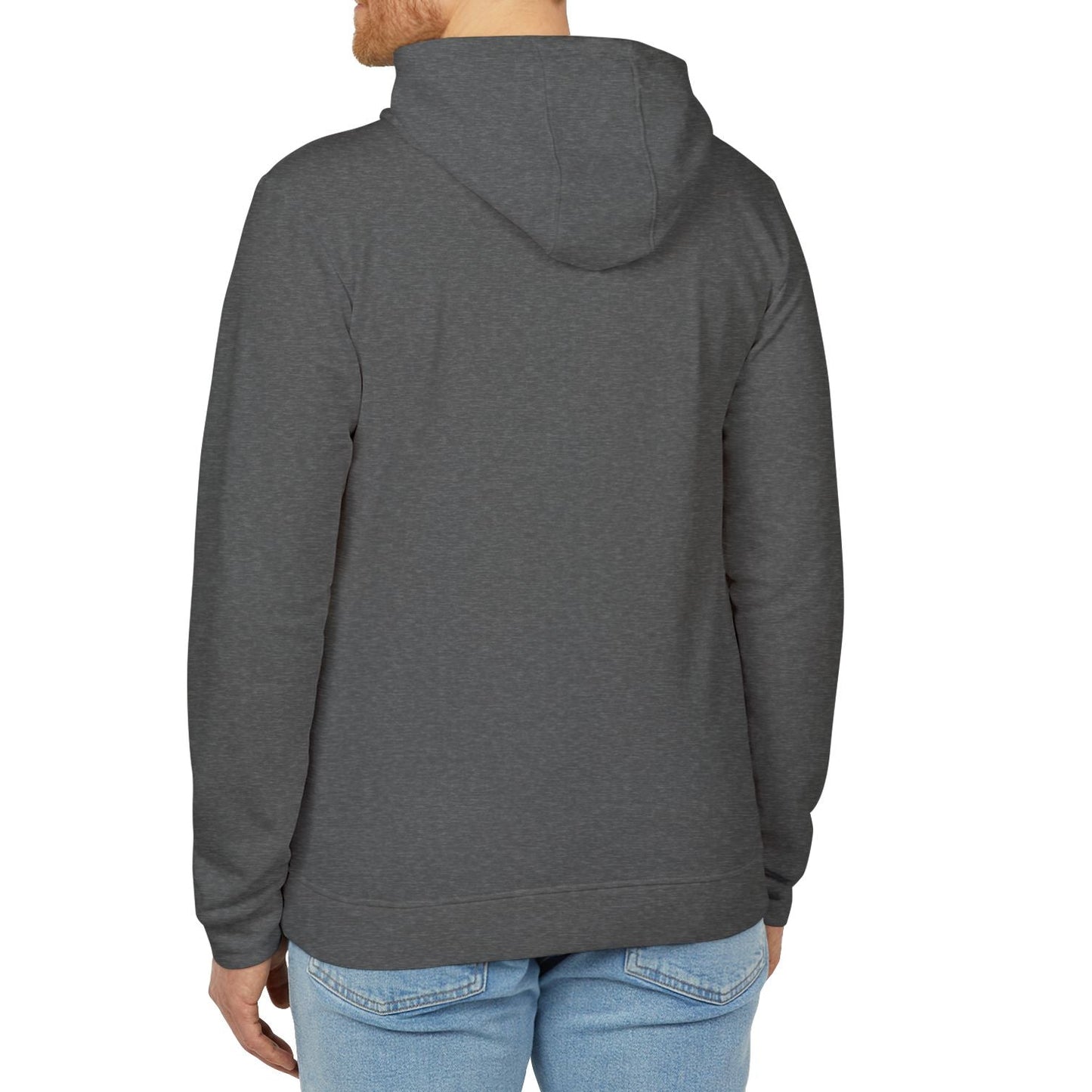Man wearing a gray hoodie from behind on a white background