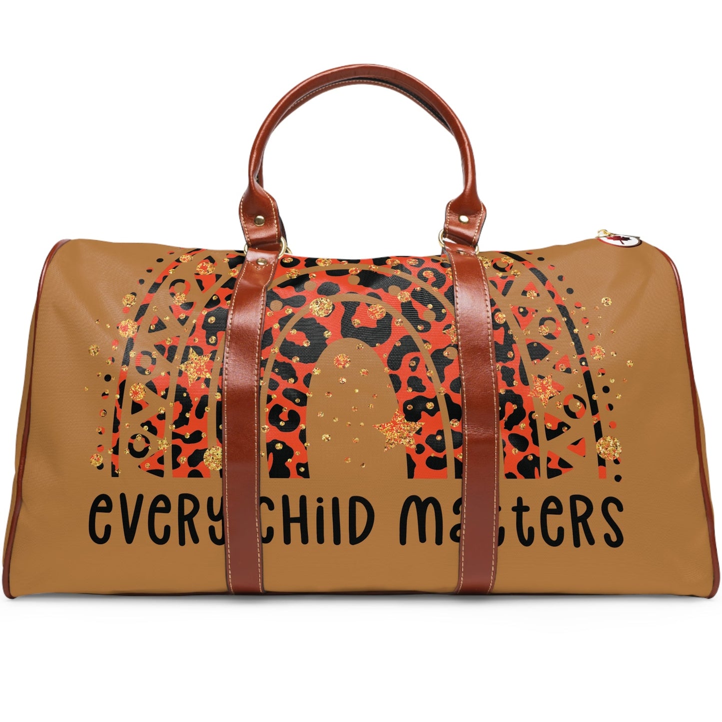 Brown duffel bag with leopard print and 'EVERY CHILD MATTERS' text on a white background