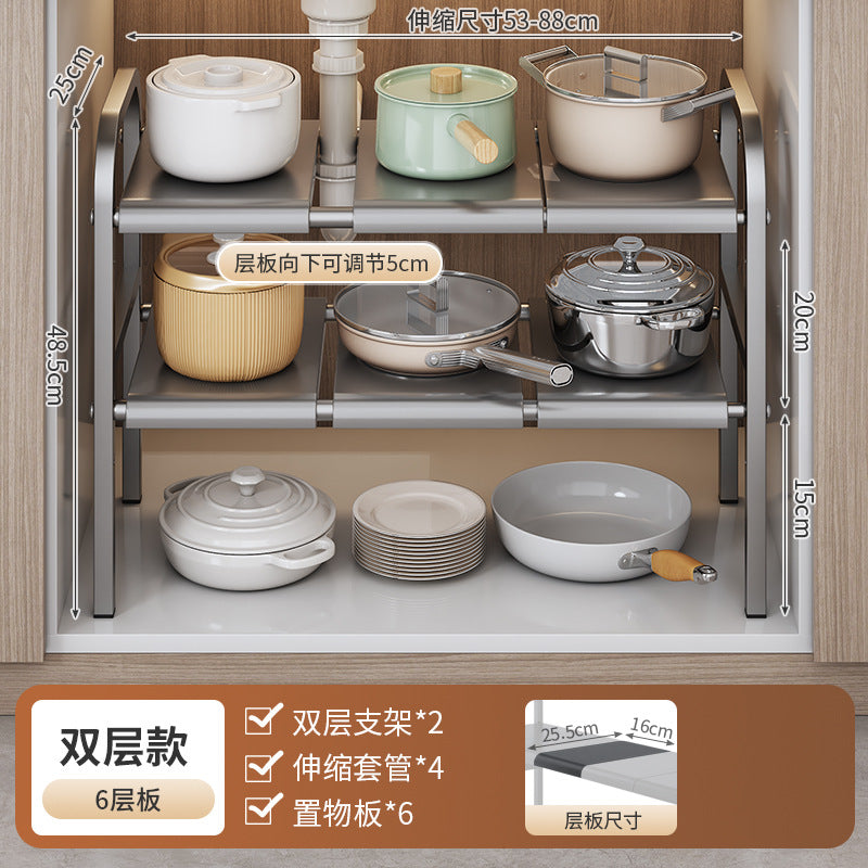 Kitchen shelf with cookware and measurements on a wooden background