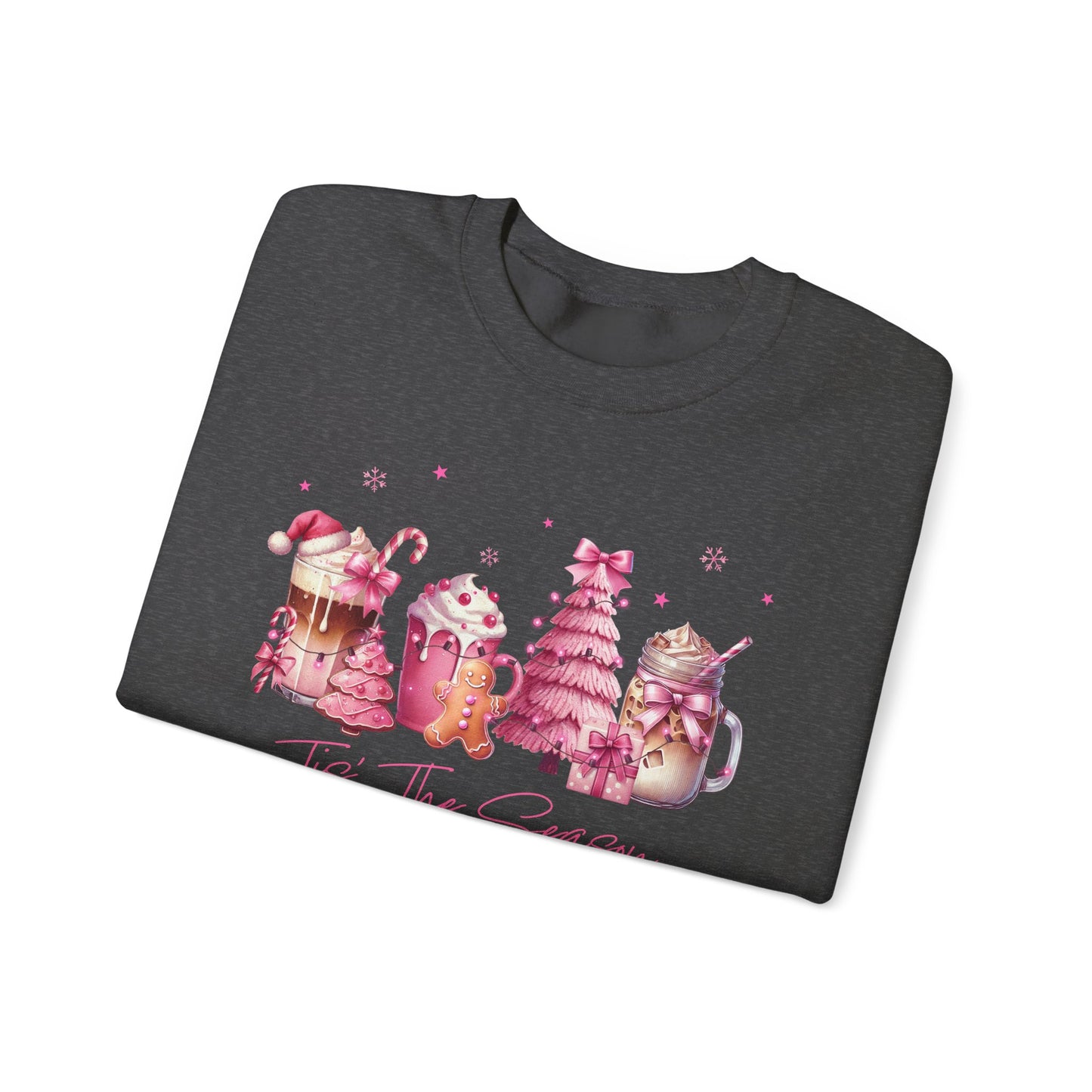 Folded dark gray sweatshirt with Christmas-themed design on a white background