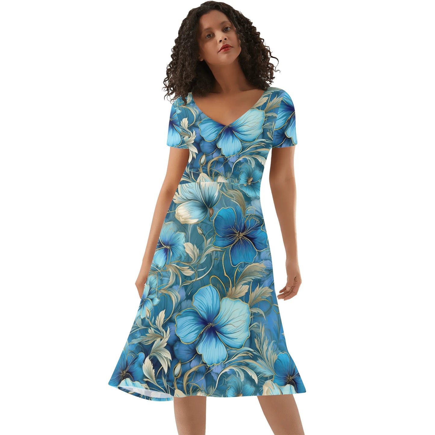 Beautiful Blue Floral Womens Ruffle Trim Hem Summer Dress