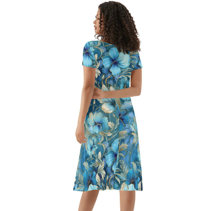 Beautiful Blue Floral Womens Ruffle Trim Hem Summer Dress