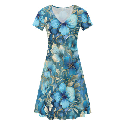 Beautiful Blue Floral Womens Ruffle Trim Hem Summer Dress