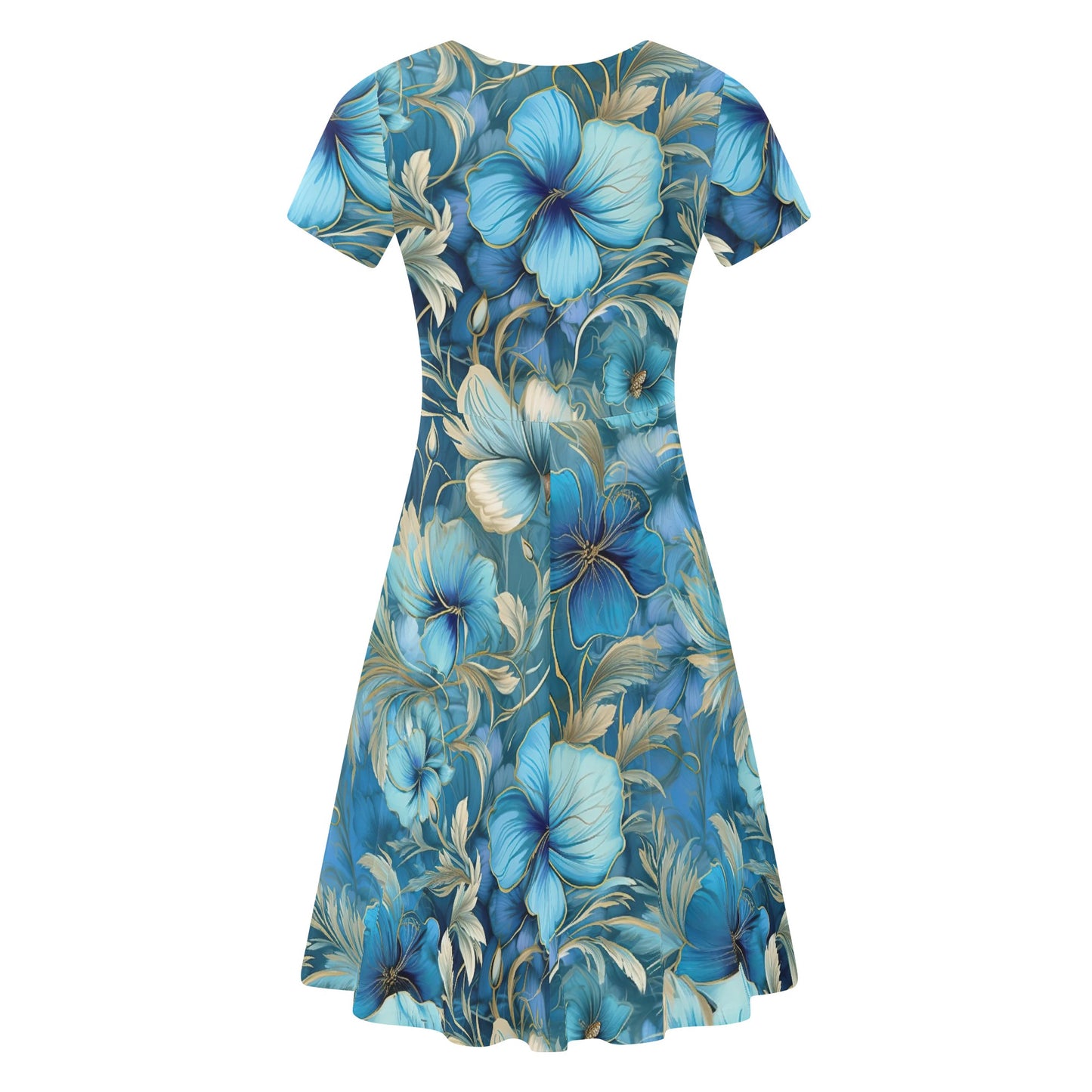 Beautiful Blue Floral Womens Ruffle Trim Hem Summer Dress