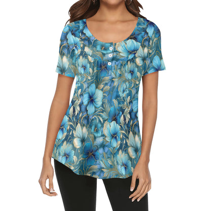 More Florals - Womens Scoop Neck Short Sleeve Loose Blouse