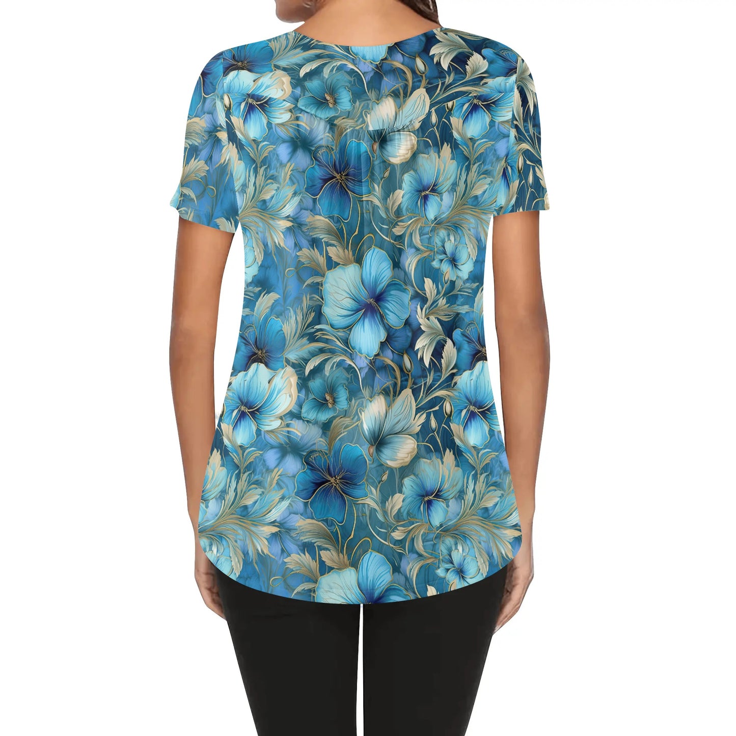 More Florals - Womens Scoop Neck Short Sleeve Loose Blouse