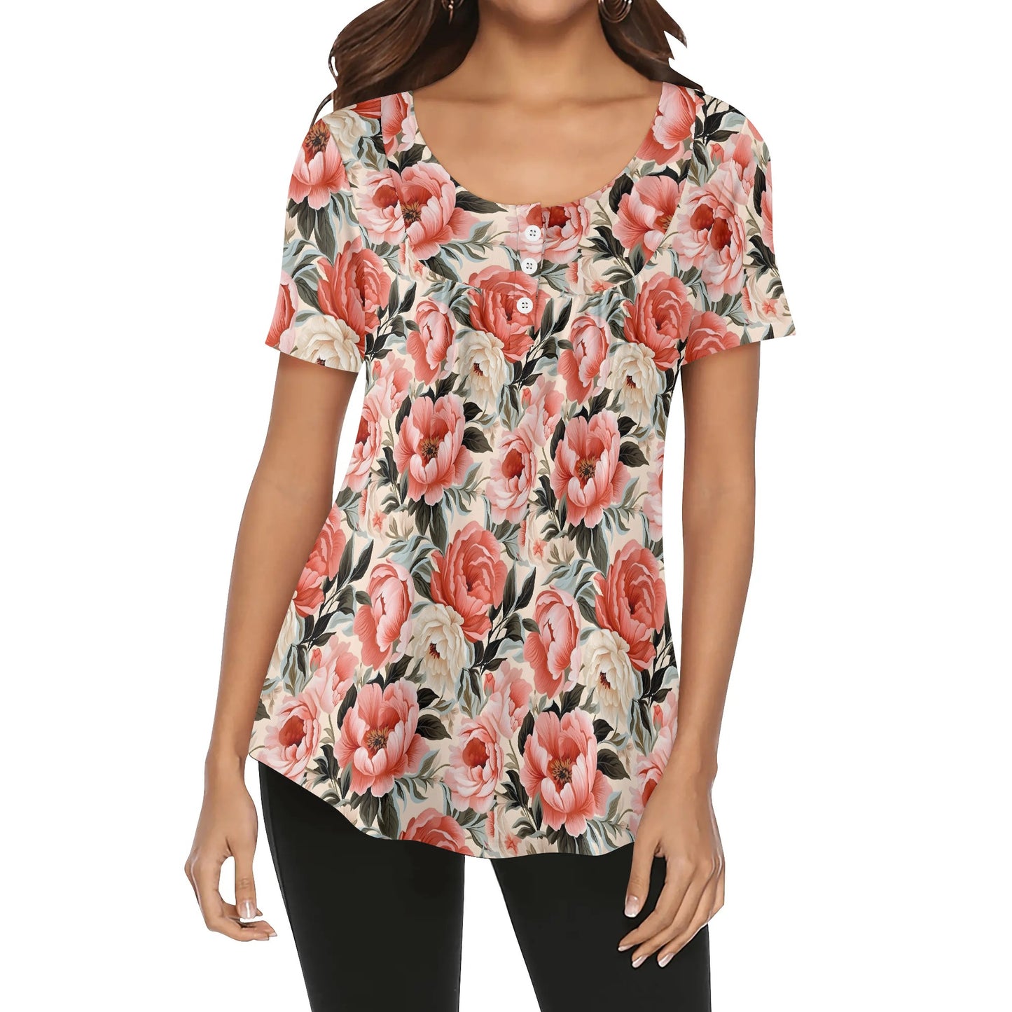 More Florals - Womens Scoop Neck Short Sleeve Loose Blouse