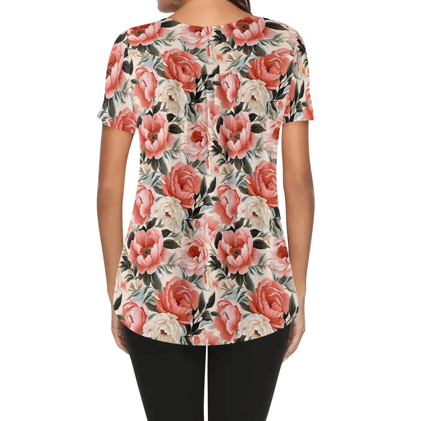 More Florals - Womens Scoop Neck Short Sleeve Loose Blouse