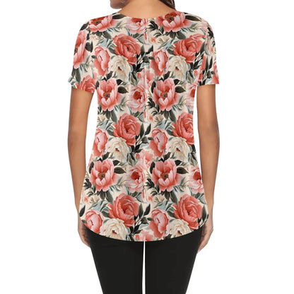 More Florals - Womens Scoop Neck Short Sleeve Loose Blouse