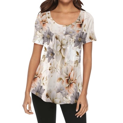 More Florals - Womens Scoop Neck Short Sleeve Loose Blouse