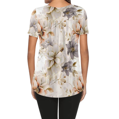 More Florals - Womens Scoop Neck Short Sleeve Loose Blouse