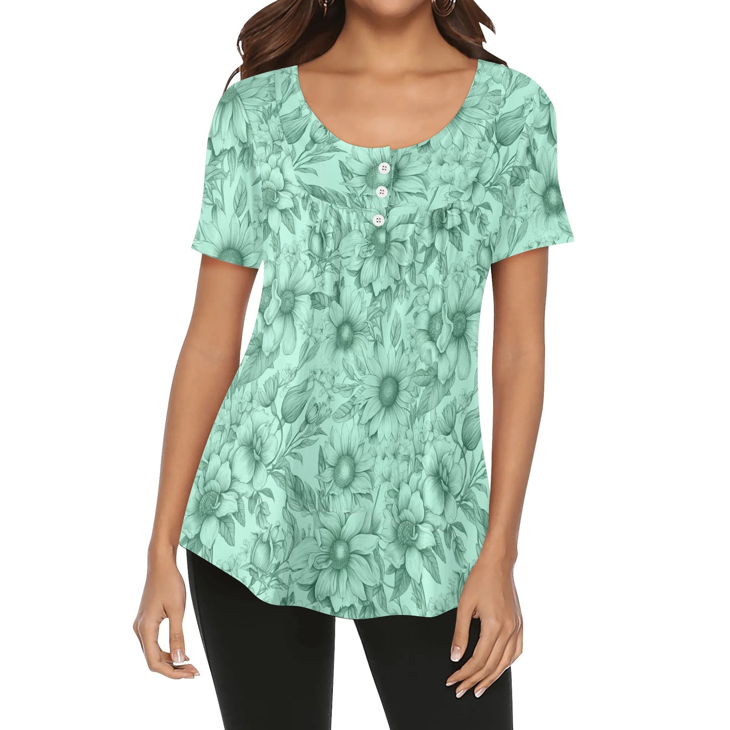 Sketched Floral - Womens Scoop Neck Short Sleeve Loose Blouse - Regular & Plus Sizes