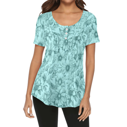 Sketched Floral - Womens Scoop Neck Short Sleeve Loose Blouse - Regular & Plus Sizes