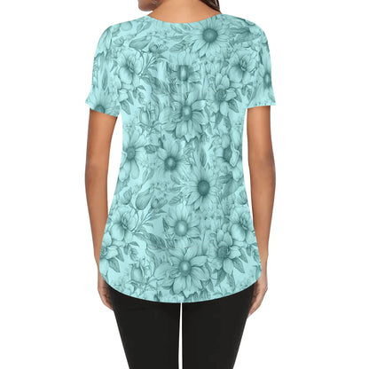 Sketched Floral - Womens Scoop Neck Short Sleeve Loose Blouse - Regular & Plus Sizes